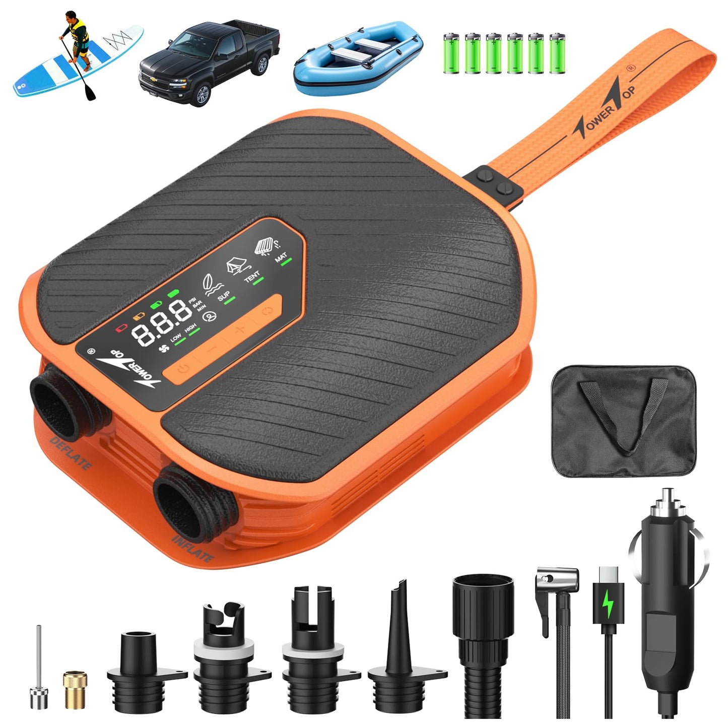 TowerTop Electric Paddle Board Pump: 10500mAh Rechargeable Car/SUP Pump, 50PSI Paddleboard Pump, 12V DC Dual Stage (Inflation & Deflation) with 8 Nozzles for Paddle Boards, Inflatables, Kayaks, Car