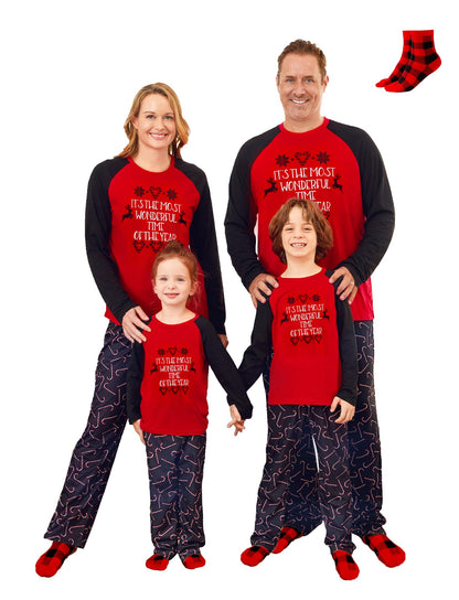 PATPAT Family Christmas Pajamas Matching Sets, Matching Christmas Pajamas for Family, Red Candy Cane Holiday Sleepwear Funny Letter Print PJs including Socks