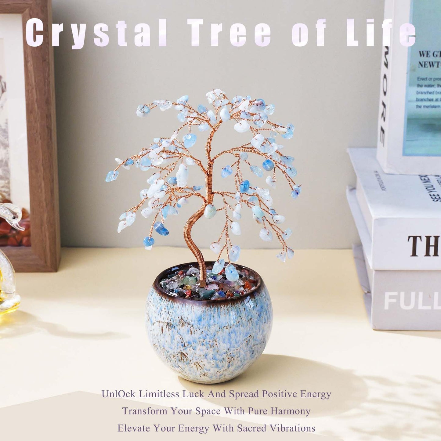 Runyangshi Aquamarine Crystal Tree of Life - 8" Large Natural Chakra Healing Crystal Tree, Bringing Money, Good Luck, Positive Energy for Home Decor, Feng Shui Gifts, Office Desk Ornament