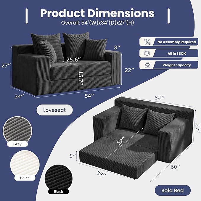 3-in-1 Convertible Sofa Bed: Boneless Loveseat Sleeper & Folding Couch Bed