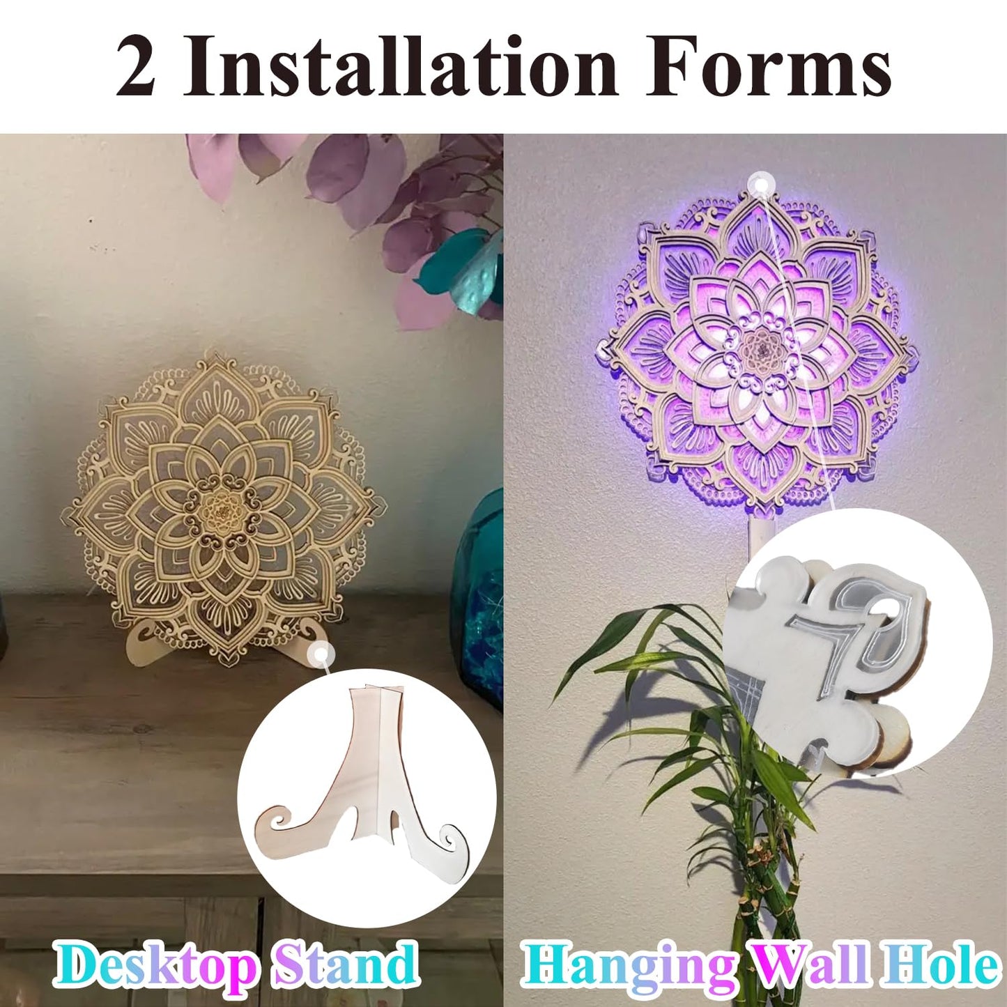 jvsufuik Mandala Wall Decor, Lighted Mandala Wall Art with LED Light, Lotus Flower Wall Art Decor, Boho Wooden Flower Night Light, Meditation Wall Hanging, Bohemian Yoga Home Decoration