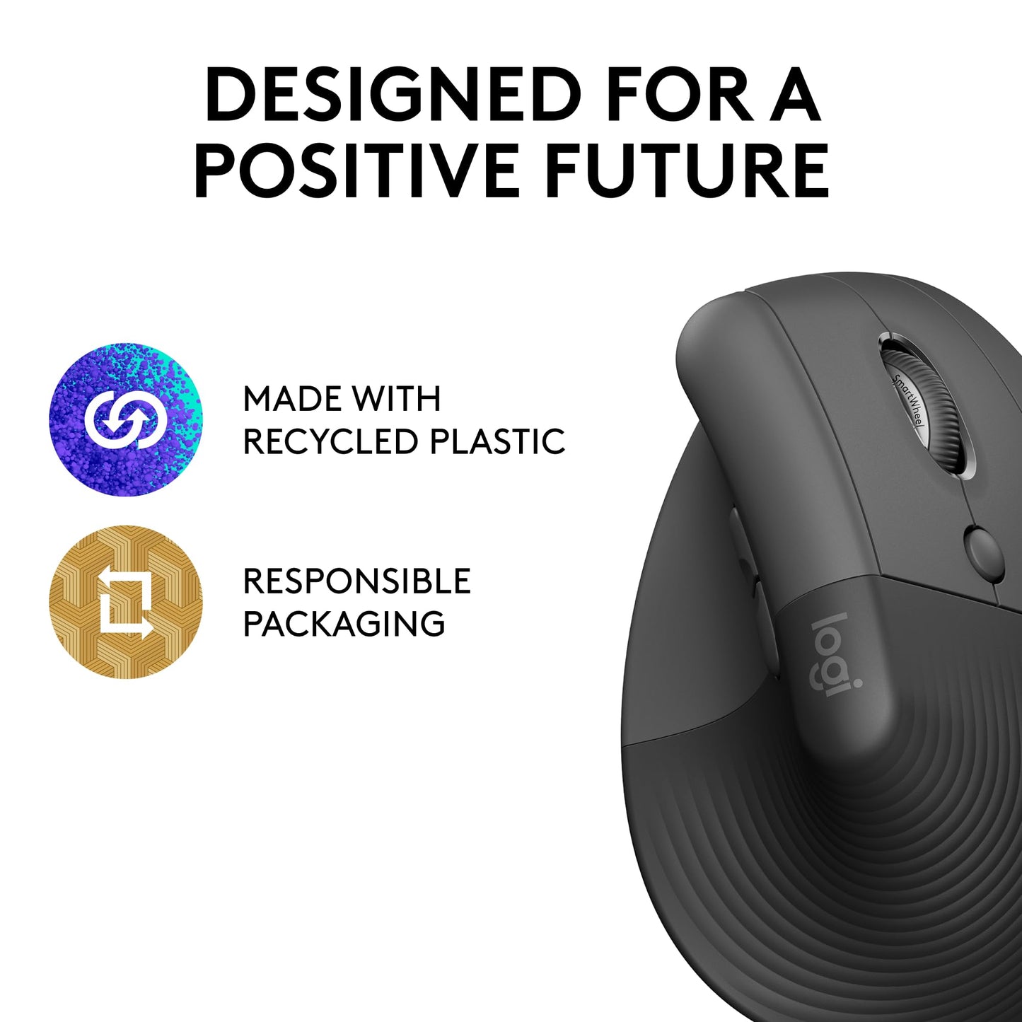 Logitech Lift Vertical Ergonomic Mouse, Wireless, Bluetooth or Logi Bolt USB receiver, Quiet clicks, 4 buttons, compatible with Windows/macOS/iPadOS, Laptop, PC - Graphite