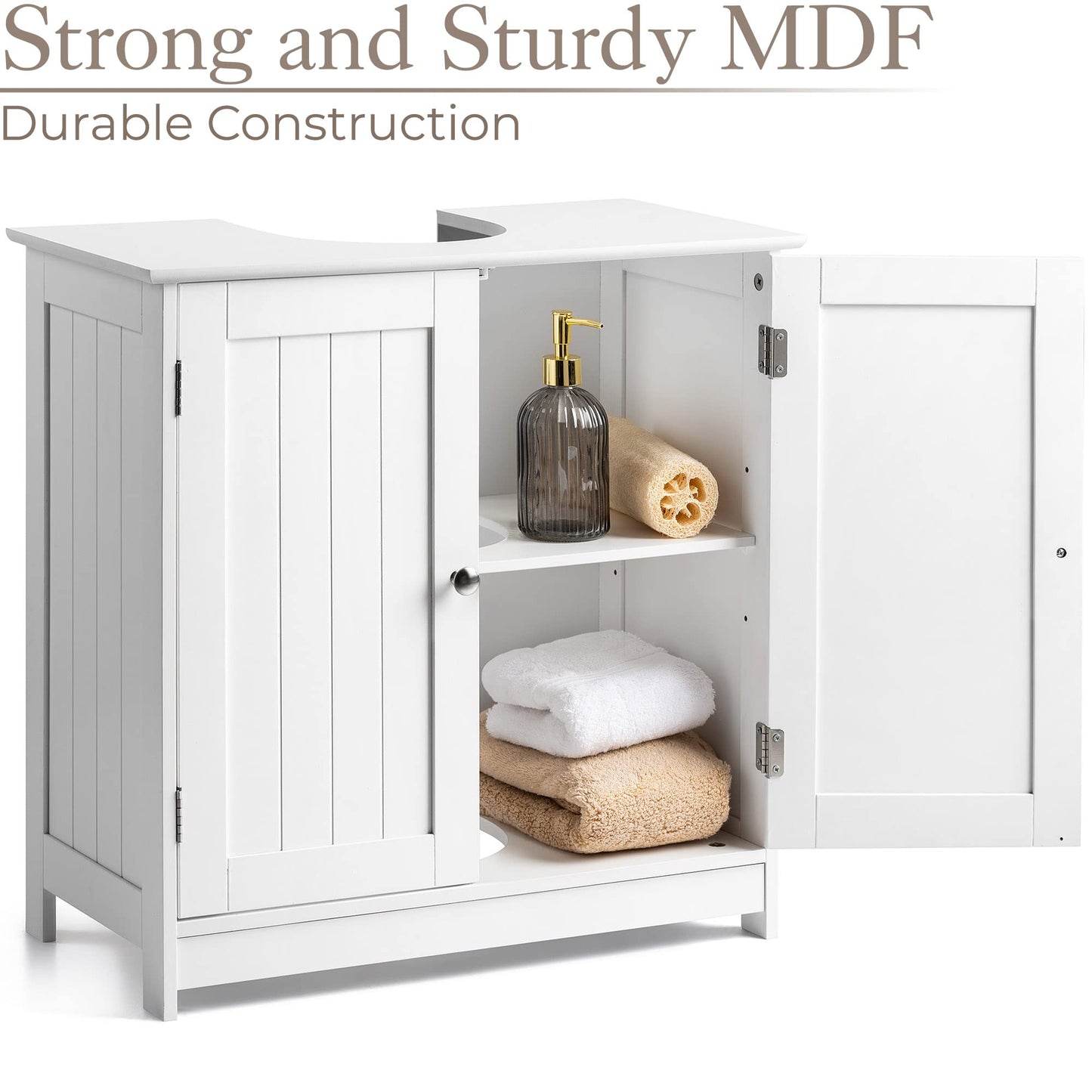 CHRISTOW White Under Sink Bathroom Cabinet, Free Standing Wooden Sink Storage Unit, Basin Cupboard With Shelf