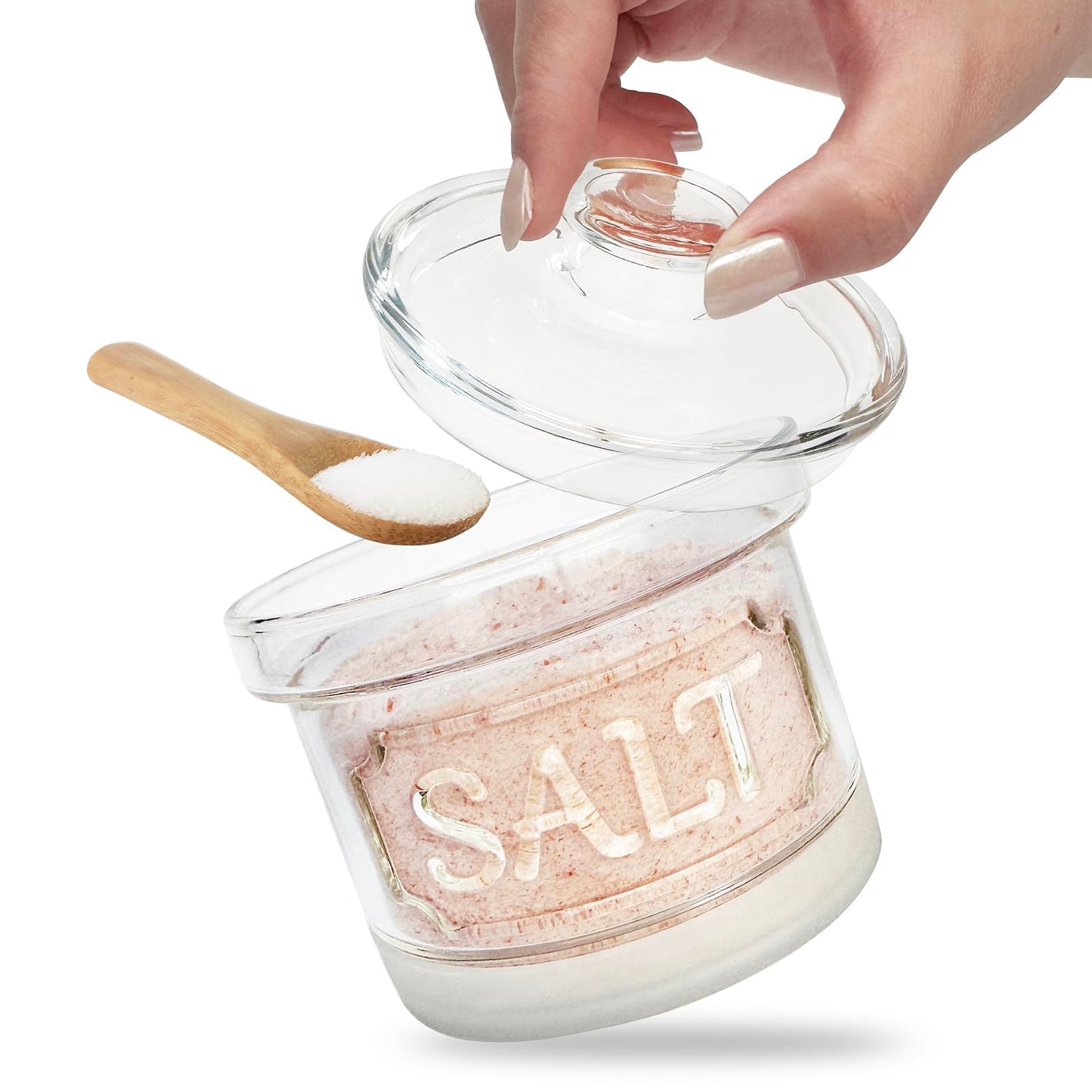 FANQIEW Glass Salt Cellar with Lid Salt Container with Spoon for Countertop Embossed Pattern Salt Box for Storing Sea Salt Flaky Salt Spice 12oz Capacity Holder, Dishwasher Safe