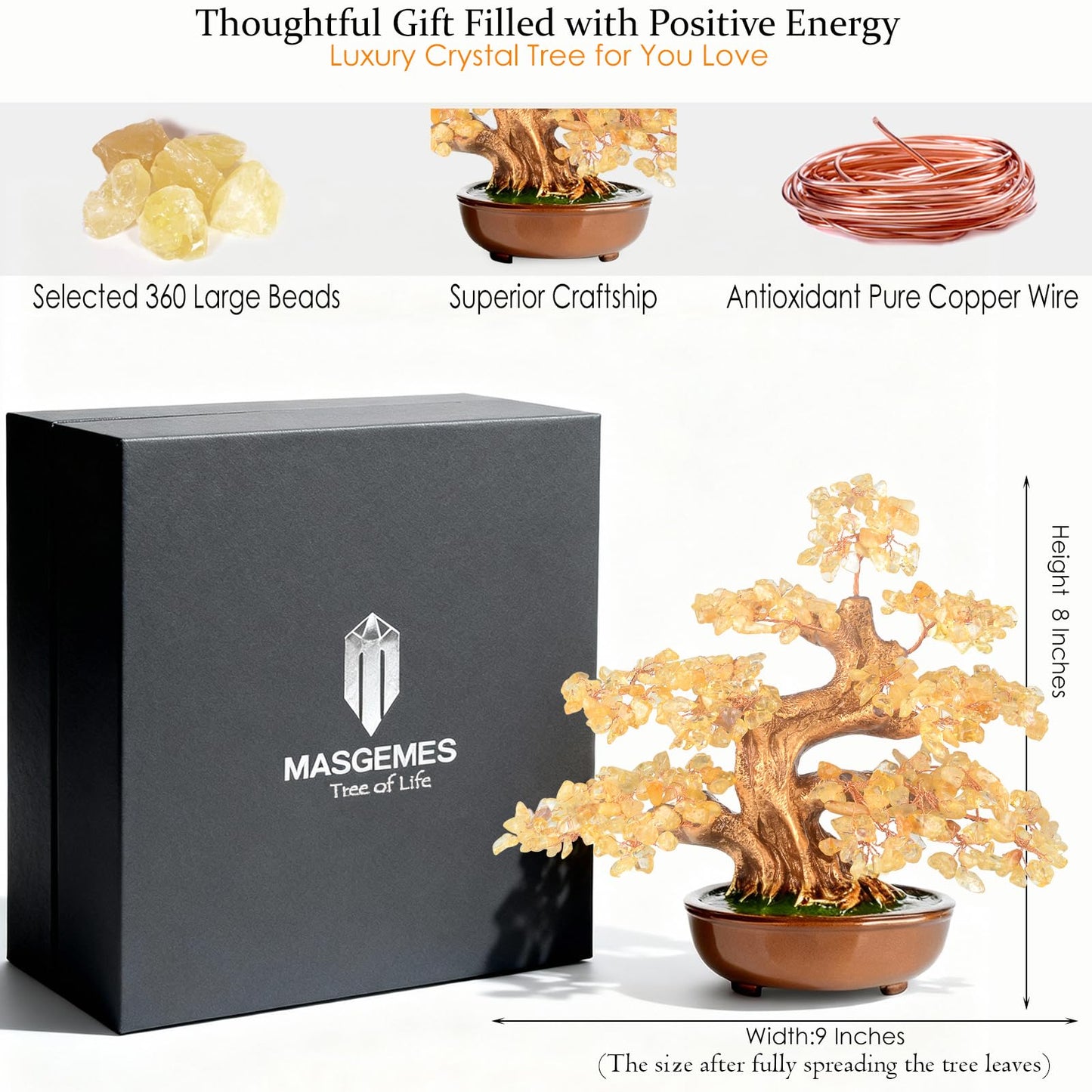 MASGEMES Citrine Chakra Tree Bonsai – Handmade Crystal Tree of Life with Natural Gemstones(360 Large Beads),Healing Crystal Office Decor for Good Luck & Positive Energy 8"