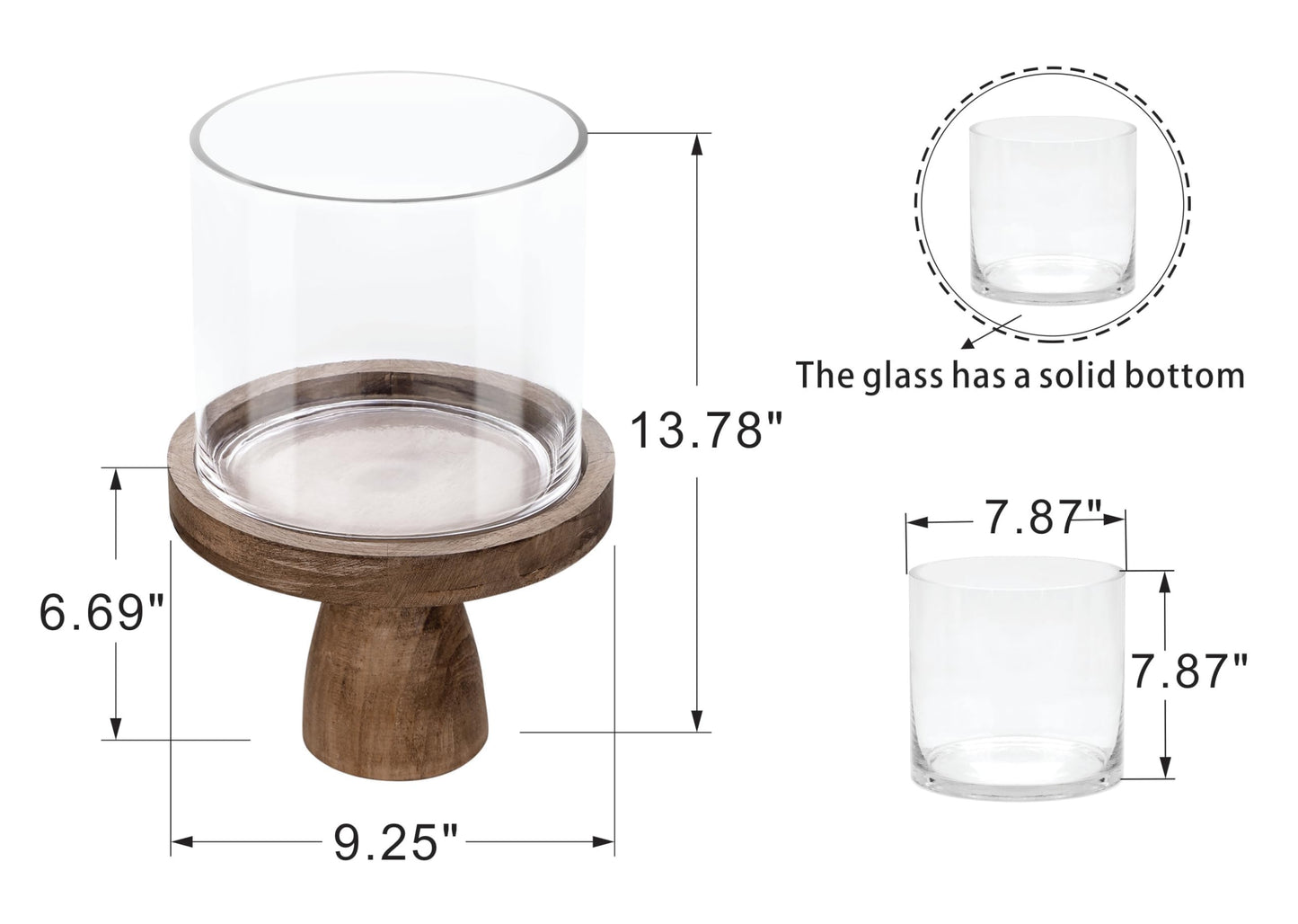 9" Wide Farmhouse Glass Hurricane Candle Holder & Glass Vase with Vintage Natural Sturdy Solid Wooden Base for Pillar & Flower Arrangement, Terrarium, Centerpiece, Console Table, Dining Table, Mantel