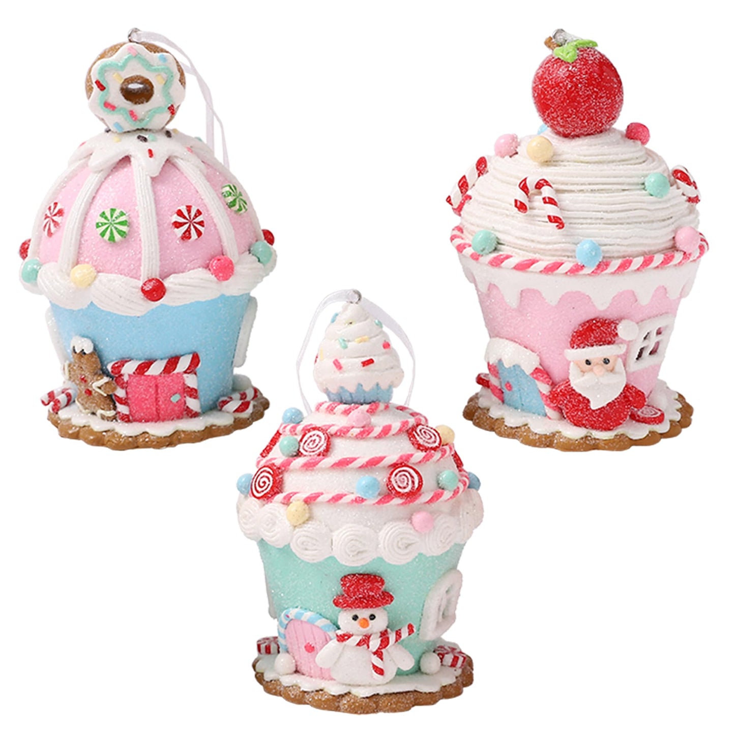 3Pcs Macaron Gingerbread House Ornaments for Christmas Tree, Lighted LED Clay Candy House Hanging Ornaments with Rope for Xmas Holiday Party New Year Home Decor