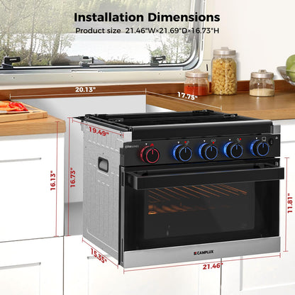 CAMPLUX Elite RV Propane Oven Stove Combo 17 Inches, 1.27 Cu.ft. Gas Oven Stove with 3 Burners, Total Output 28,100 BTU/Hr, Gas Ranges for RV, Apartment or Mini Kitchen, Black RGP17MGB