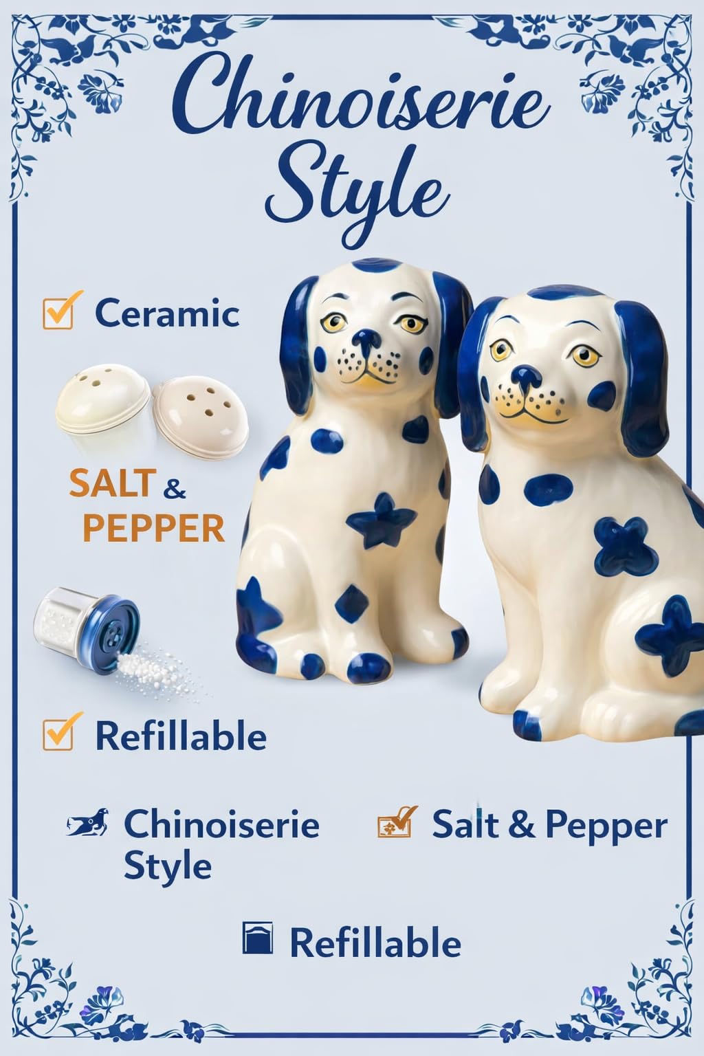 Staffordshire Dogs Chinoiserie Decor Blue Decorative Salt Pepper Shakers Set - Hand-Painted Ceramic