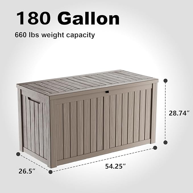 DRATO 180 Gallon Outdoor Storage Box, Large Waterproof Deck Box, Lockable Resin Storage Container with Reinforced Support for Patio Cushions, Garden Tools, UV-Resistant Outdoor Chest（Gray，180 Gallon）