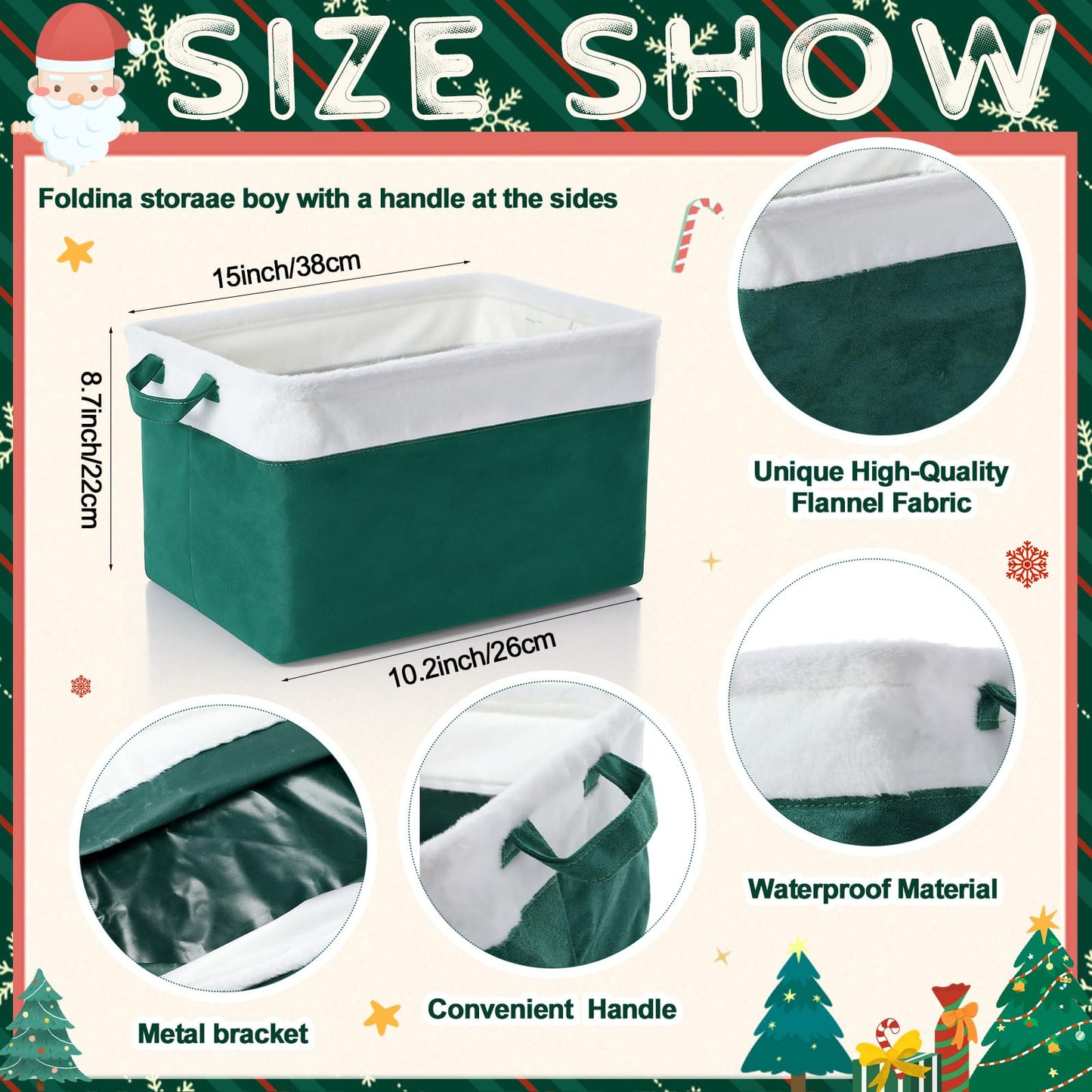 Bokon 3 Pcs Christmas Storage Basket Large Velvet Foldable Storage Bin with Handles Flannel Waterproof Closet Organizer Christmas Gift Basket for Office Home Bedroom Clothes(Green)