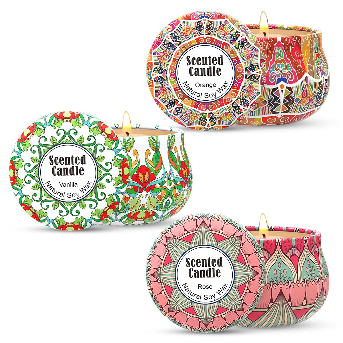 3 Packs Rose, Vanilla and Orange Scented Candles Christmas Gift Set for Women, Small 2.5oz Decorative Natural Soy Wax Aromatherapy Candles in Cute Travel Metal Tin for Home Mother's Day