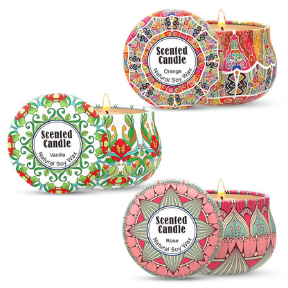 3 Packs Rose, Vanilla and Orange Scented Candles Christmas Gift Set for Women, Small 2.5oz Decorative Natural Soy Wax Aromatherapy Candles in Cute Travel Metal Tin for Home Mother's Day