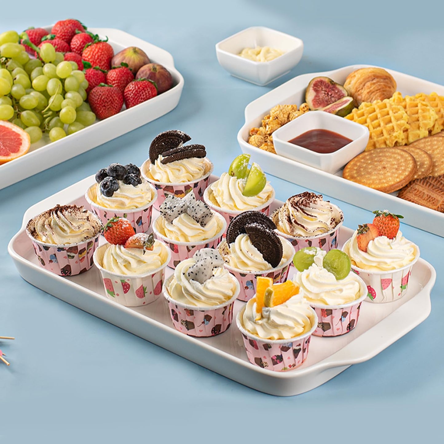 Dizada Large Serving Platter with Handles 16"x9" - White Porcelain Serving Trays Set of 3, Rectangular Platters for Entertaining, Party, Appetizer, Charcuterie