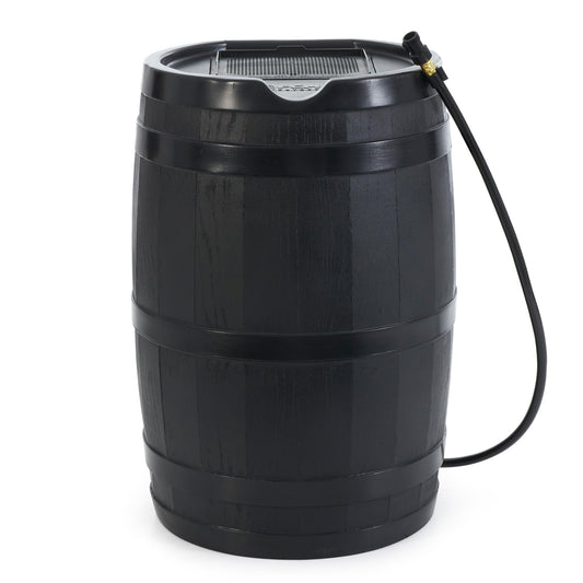 FCMP Outdoor 45 Gallon Heavy Duty Rain Water Catcher Barrel Container with Hose and Debris Screen for Outdoor Plants, Garden, and Landscapes (RC45-BLK) Black