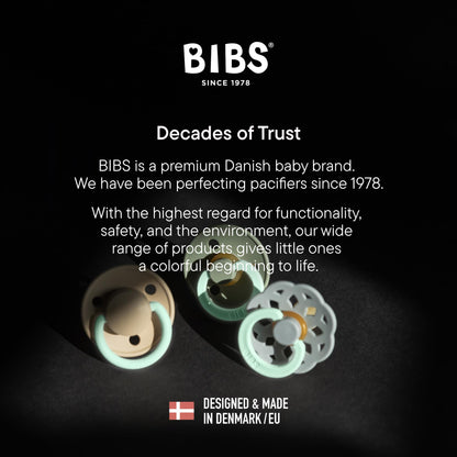 BIBS Colour Glow Soother 2-Pack, Glow in The Dark BPA Free Dummy Pacifier, Round Nipple. Natural Rubber Latex, Size 2 (6-18 Months), Iron Night/Baby Blue Night