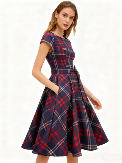 PUKAVT Women's 1950 Boatneck Cap Sleeve Vintage Swing Cocktail Party Dress with Pockets Red Plaid L