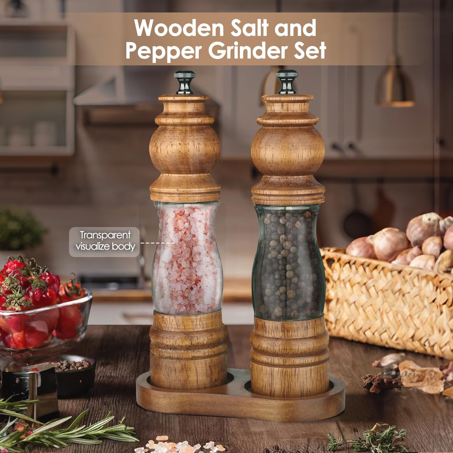 Foyucool Wooden Salt and Pepper Grinder Set with Wooden Tray and Spoon, 8 Inch Manual Salt and Pepper Mill, Adjustable Coarseness, Refillable with Ceramic Core for Spices, Clear Acrylic Chamber