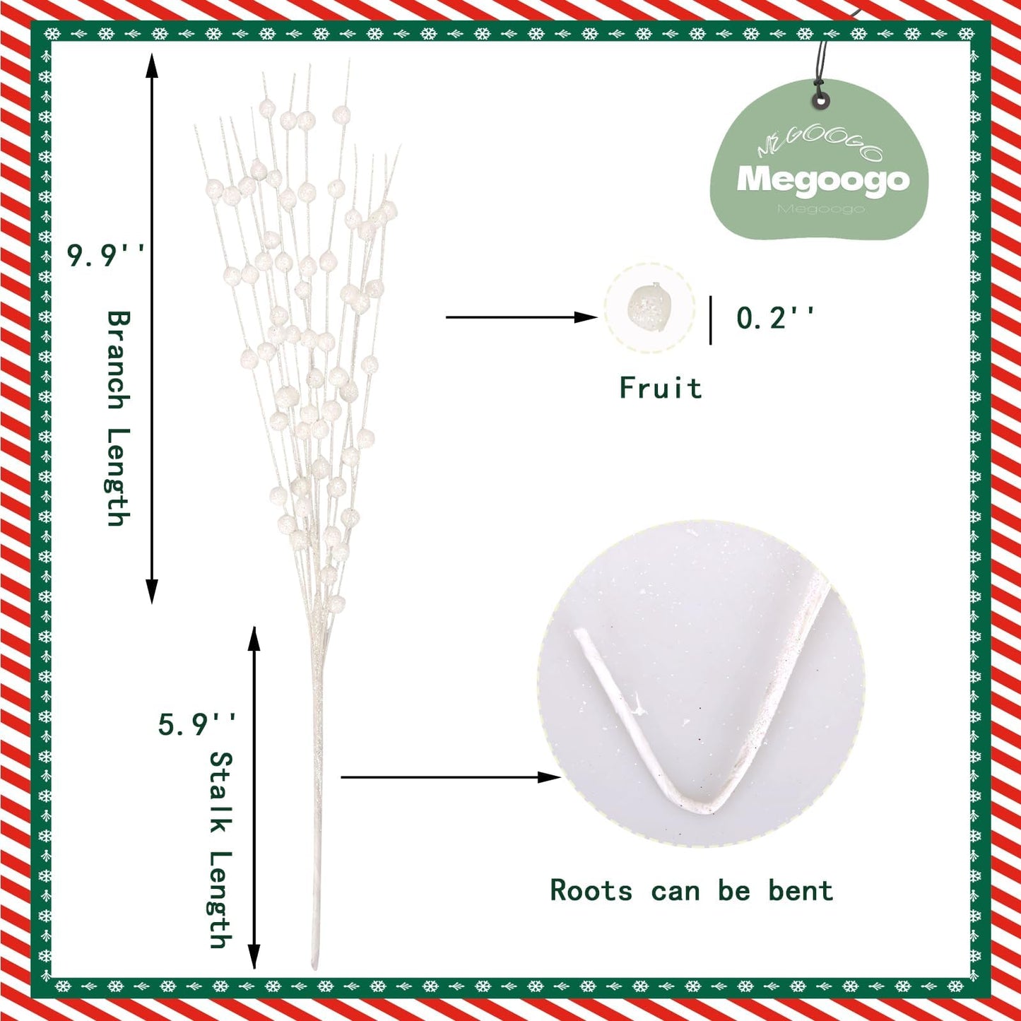 Megoogo 12 PCS Artificial Glitter Berry, White Christmas Glitter Picks Artificial Berries Stems for Christmas Ornaments Fake Sticks for Vases Tall DIY Wreath Home Decor (15.8’’)