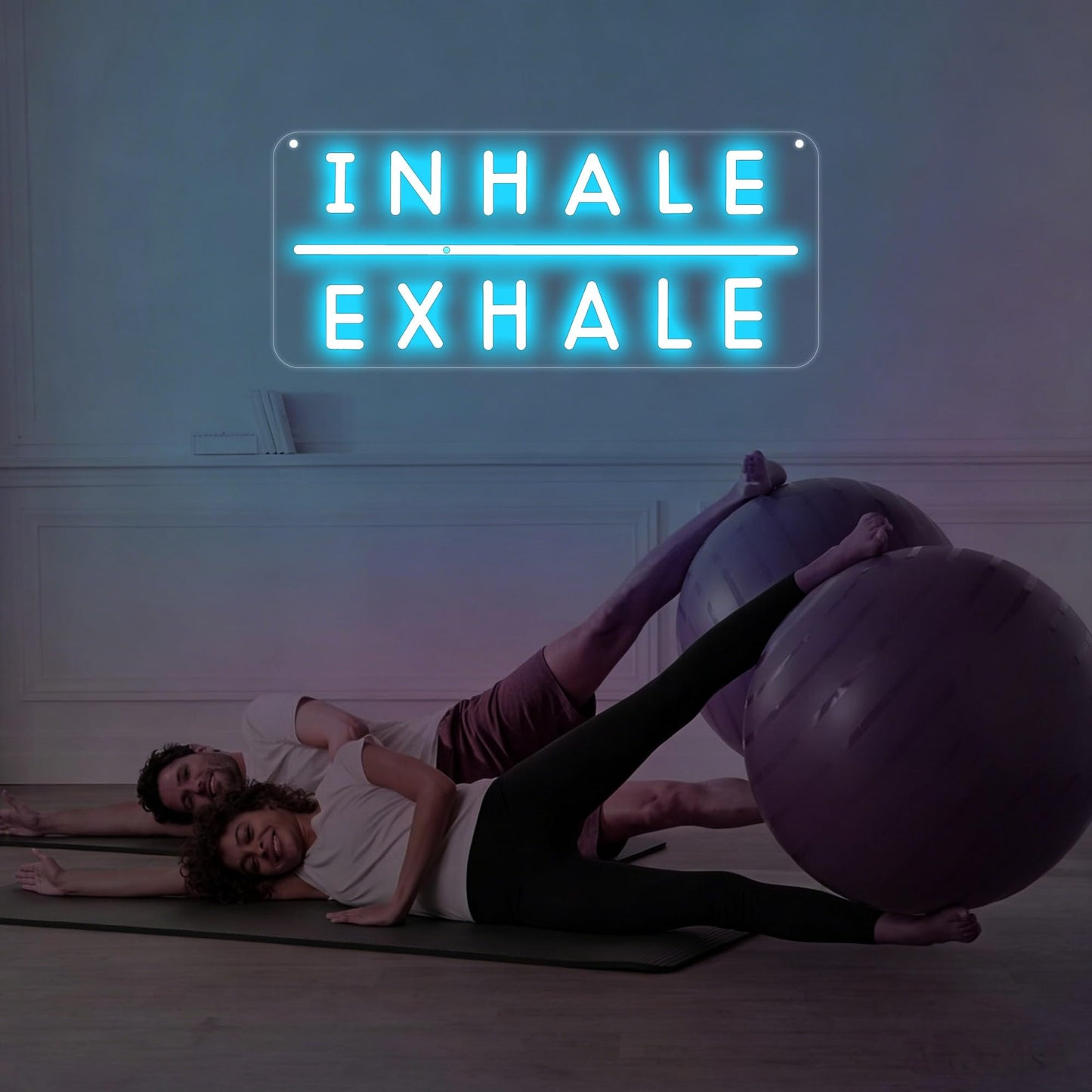 Inhale Exhale LED Neon Sign, USB Dimmable Neon Wall Decor for Yoga Studio, Meditation Room, Bedroom, Gym, Spa, Wellness Space, and Home Studio, Reading Room, Pilates Gift, Aesthetic Neon Sign Wall Quote-Ice Blue/Warm White-16.4" x 7"