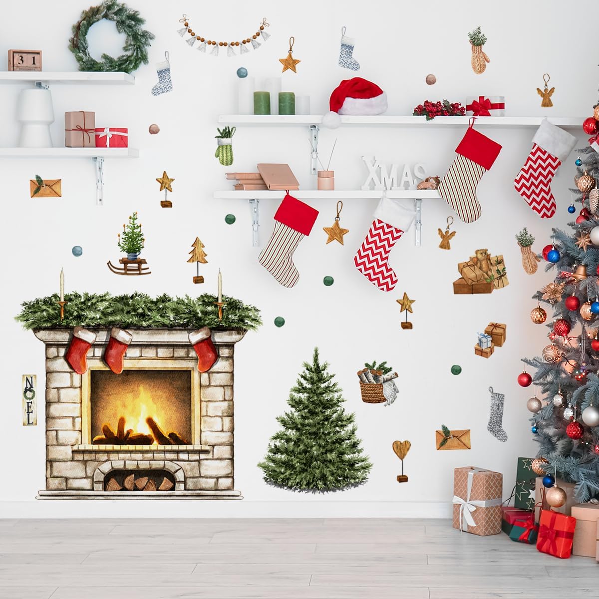 38.58 X 37 Inch Christmas Tree Wall Decals Christmas Fireplace Christmas Stocking Wall Stickers Removable Christmas Window Decal Sticker Decor for Christmas Holiday Living Room Bedroom Decorations