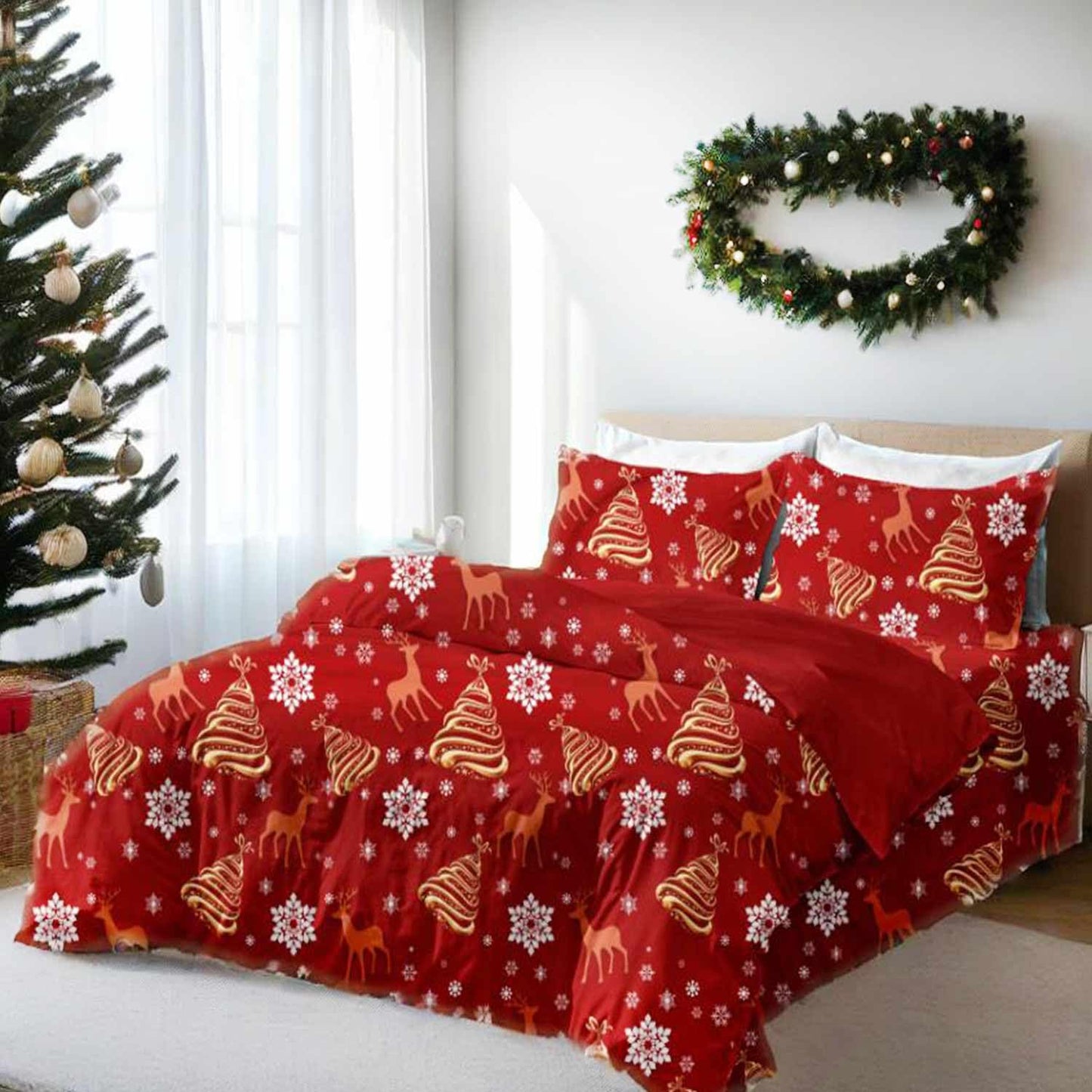 Nanko Christmas Duvet Cover Queen Size, 3pc Red Deear Gold Tree and Snow Pattern Printed Microfiber Bedding Comforter Cover Set, Soft Quilt for Women Men Winter Ded Decor 90x90 inch