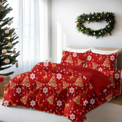 Nanko Christmas Duvet Cover Queen Size, 3pc Red Deear Gold Tree and Snow Pattern Printed Microfiber Bedding Comforter Cover Set, Soft Quilt for Women Men Winter Ded Decor 90x90 inch