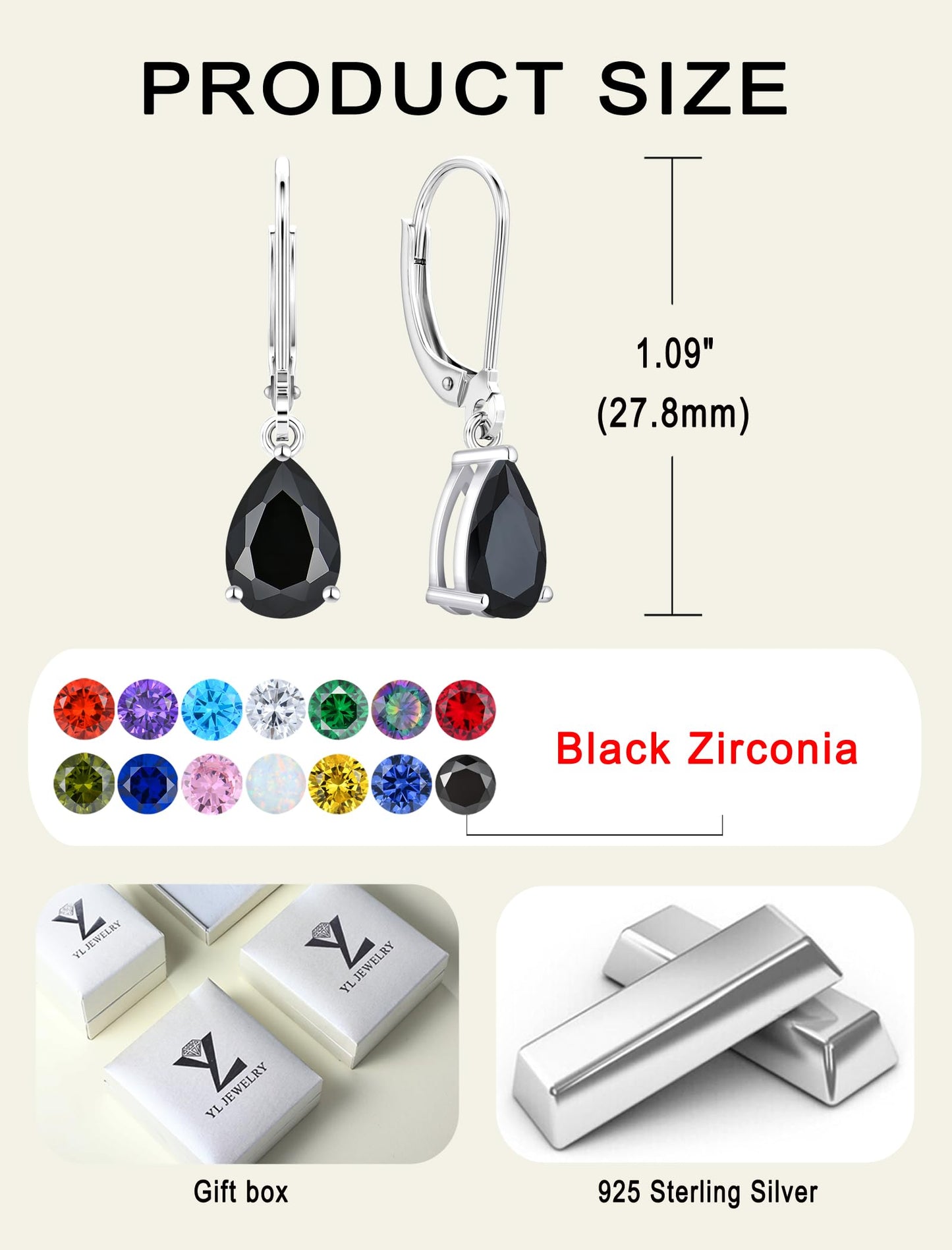 YL 925 Sterling Silver Teardrop Dangle Drop Earrings for Women 7x10 MM Solitaire Black Zirconia Leverback Jewelry