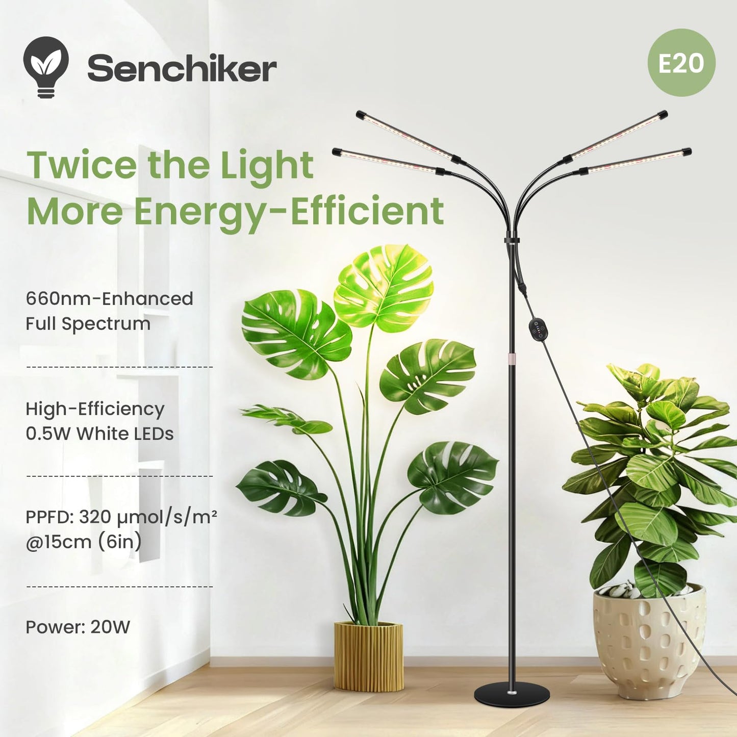 SENCHIKER Floor Plant Grow Light 12V, 660nm-Enhanced Full Spectrum, LED Grow Lamp with Timer & Dimmable, High PPFD 320 µmol/s/m²@6in, 20W Plant Light for Indoor Growing, E20-B
