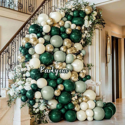 Emerald Green Gold Balloon Arch Kit Double Stuffed Dark Dusty Green Pearl White Sand Latex Christmas Balloon Garland for Birthday Wedding Anniversary Xmas Winter New Year Party Decoration