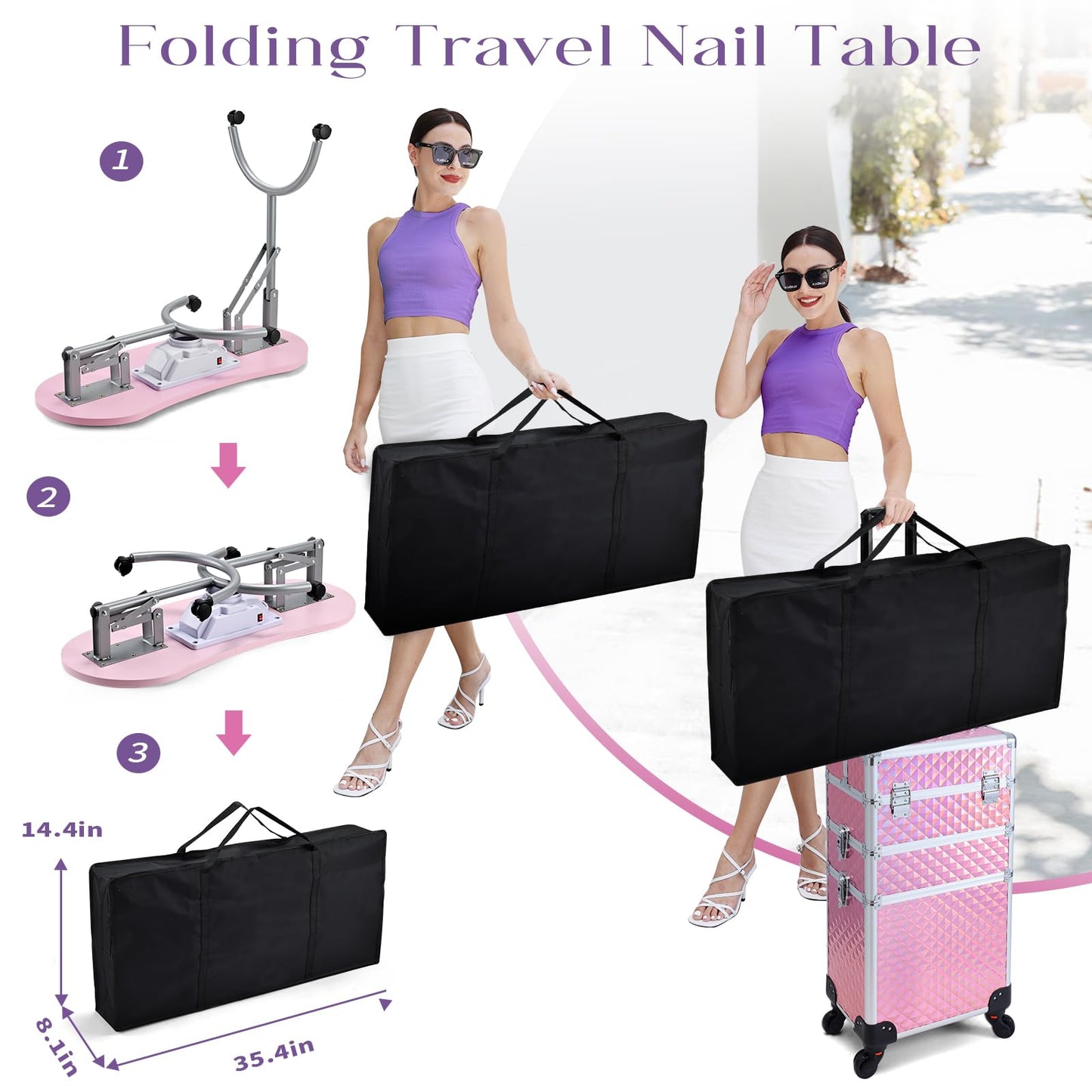 Faquenc Manicure Table with Nail Dust Collector, Portable Nail Table Rolling Nail Desk Nail Tech Travel Nail Station Foldable Professional Nail Salon Table with Cacuum,Arm Rest,Lockable Wheel,Bag,Pink