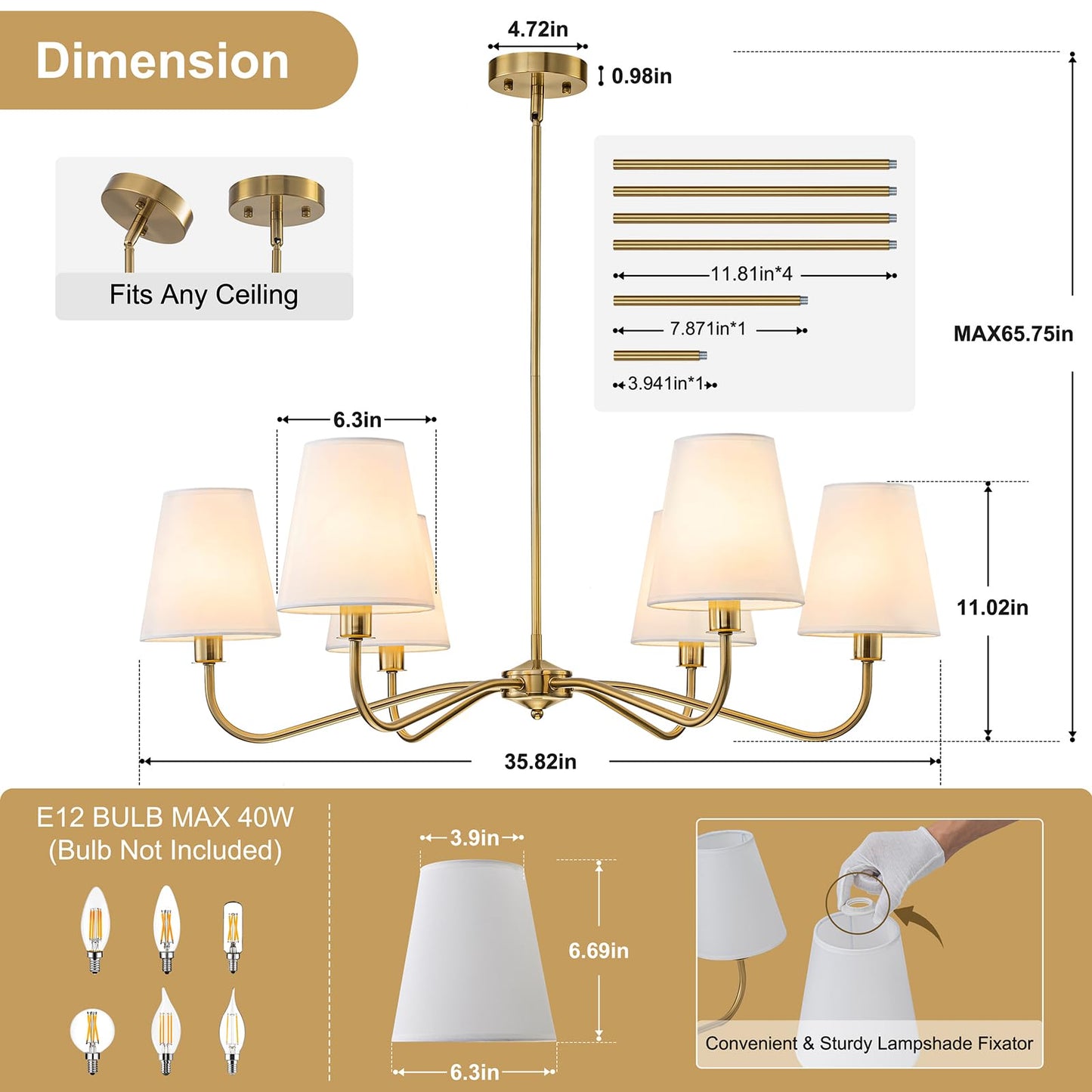 2-Pack Brass Gold Chandeliers Set, 6-Light Modern Fabric Shade Chandelier and 4-Light Linear Kitchen Island Lighting, Antique Classic Hanging Light Fixtures for Dining Room, Living Room Kitchen