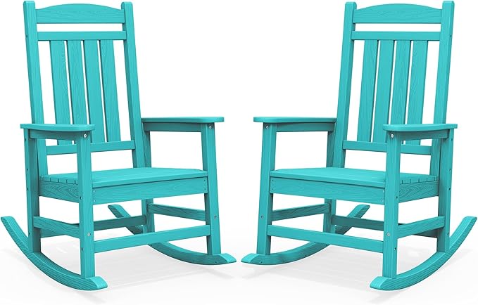 SERWALL HDPE Outdoor Rocking Chair Set of 2, Patio Rocking Chairs, All-Weather Porch Rockers for Adults, Aruba Blue