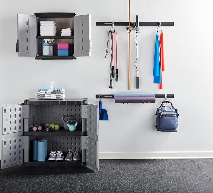 Rubbermaid Freestanding Storage Cabinet with Doors 18"D x 36"W x 37"H Medium Gray/Black Two-Shelf Lockable Cabinet for Indoor/Outdoor/Garage Storage for Garden Tools/Lawn Care Accessories