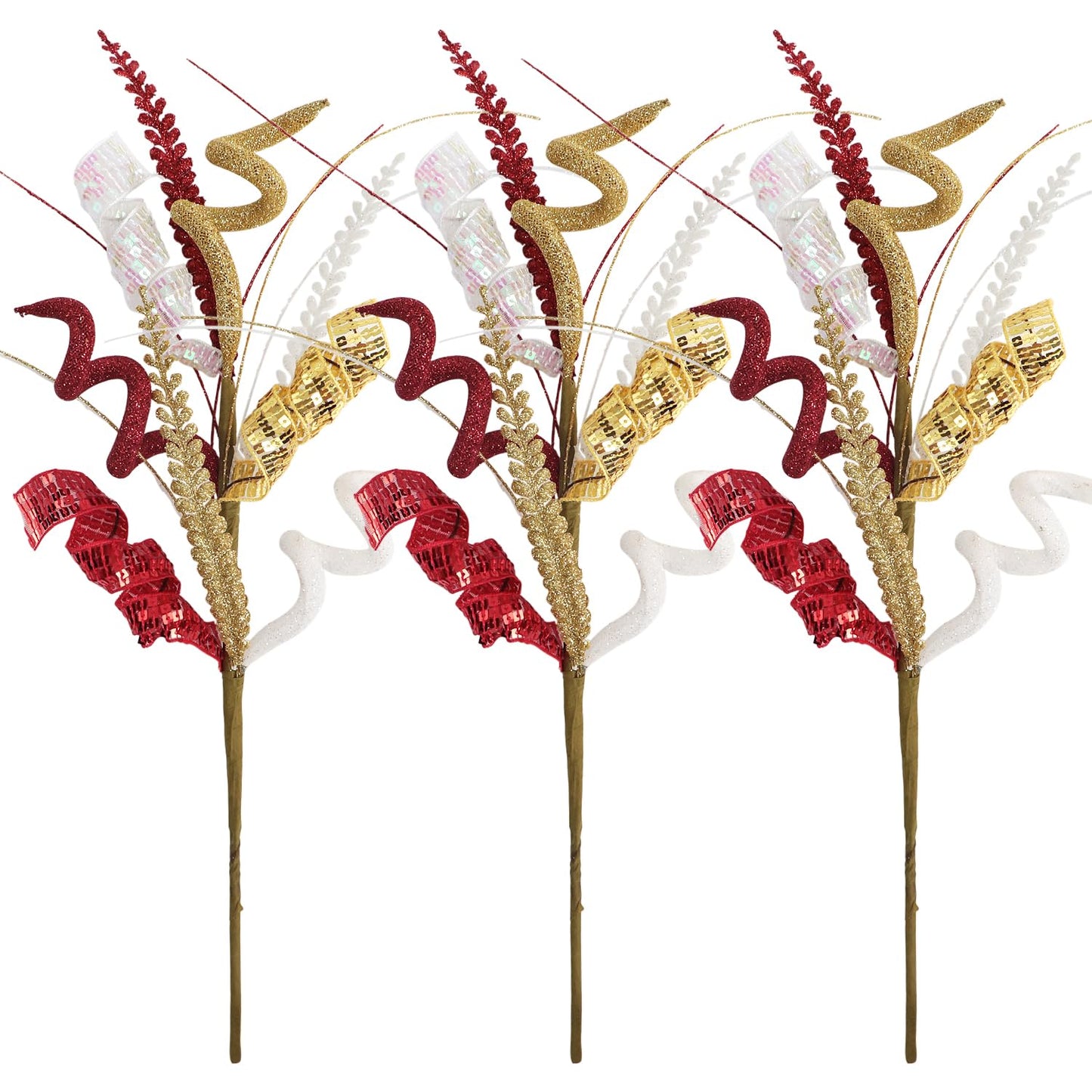 Glitter Curly Sprays Set of 3 Artificial Leaf Christmas Tree Topper Picks 20" Sequins Spiral Stems Candy Sticks for Xmas Tree Wreath Vase Fillers Branches Winter DIY Crafts (Red Gold White)