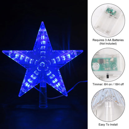 DERAYEE Christmas Tree Topper, 9 Inch Lighted Xmas Star Tree Topper Battery Operated Treetop for Christmas Tree Decorations Indoor Home Décor (6H Timer, Blue Lights)