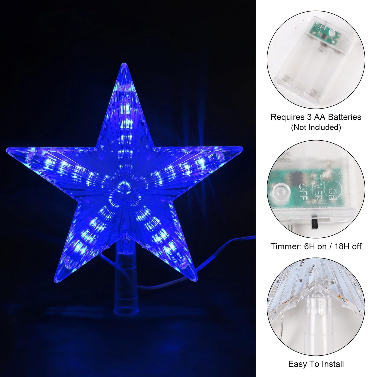 DERAYEE Christmas Tree Topper, 9 Inch Lighted Xmas Star Tree Topper Battery Operated Treetop for Christmas Tree Decorations Indoor Home Décor (6H Timer, Blue Lights)