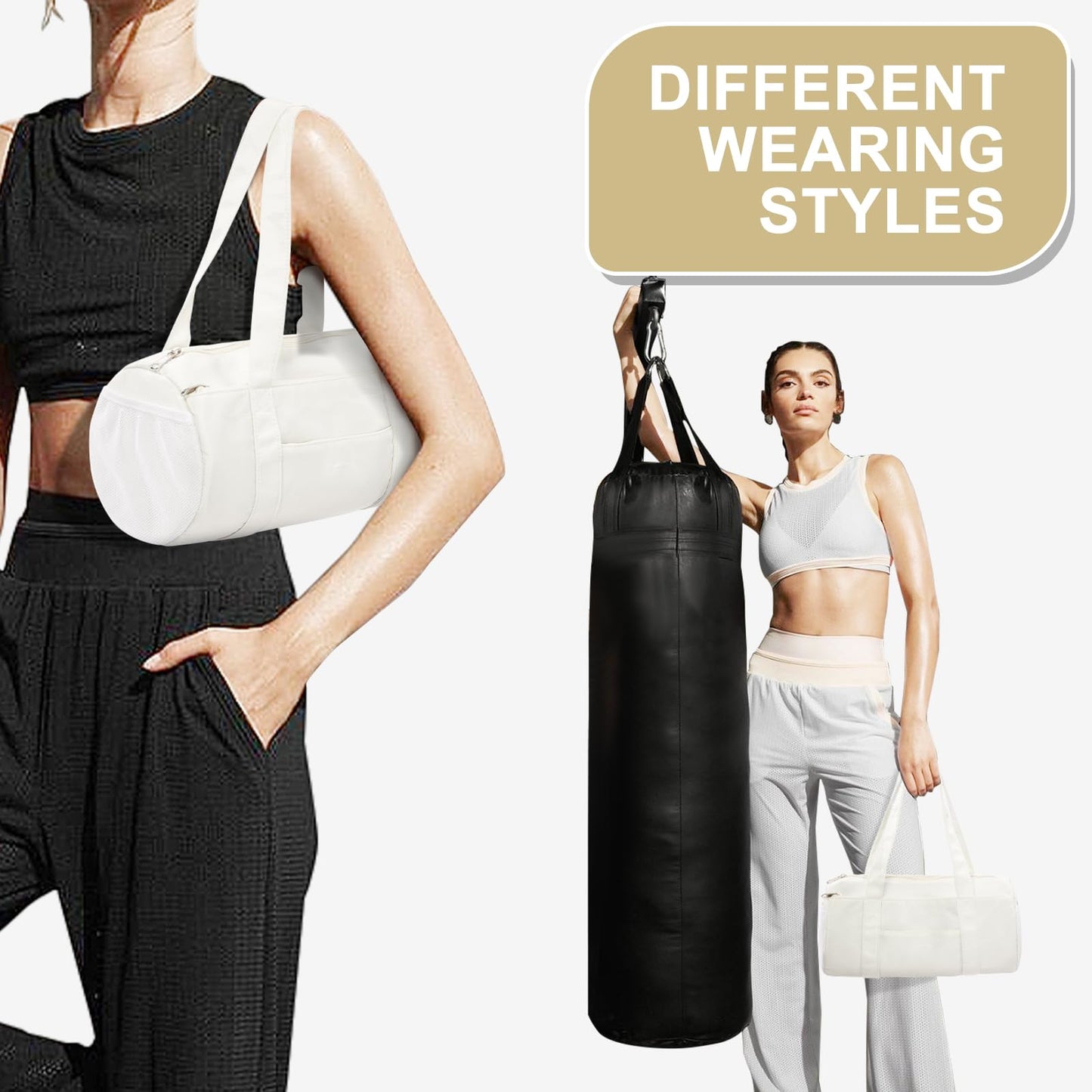 Small Gym Bag 13.78"x6.7"x6.7" Carry On Duffel Bag, Mini Personal Item Bag Lightweight Tote Weekender Overnight Bags for Women and Men Sports, Traveling, Swimming, Yoga (Cream Color)