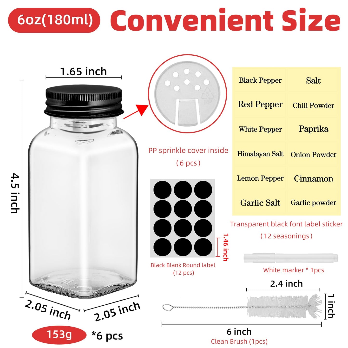 6Pcs 6 oz Square Glass Spice Jars with Label, Empty Spice Containers with Black iron Lids, Square Seasoning Containers and Supplement Set, Small Seasoning Bottles for Salt, Herbs, Sugar, Pepper (6)