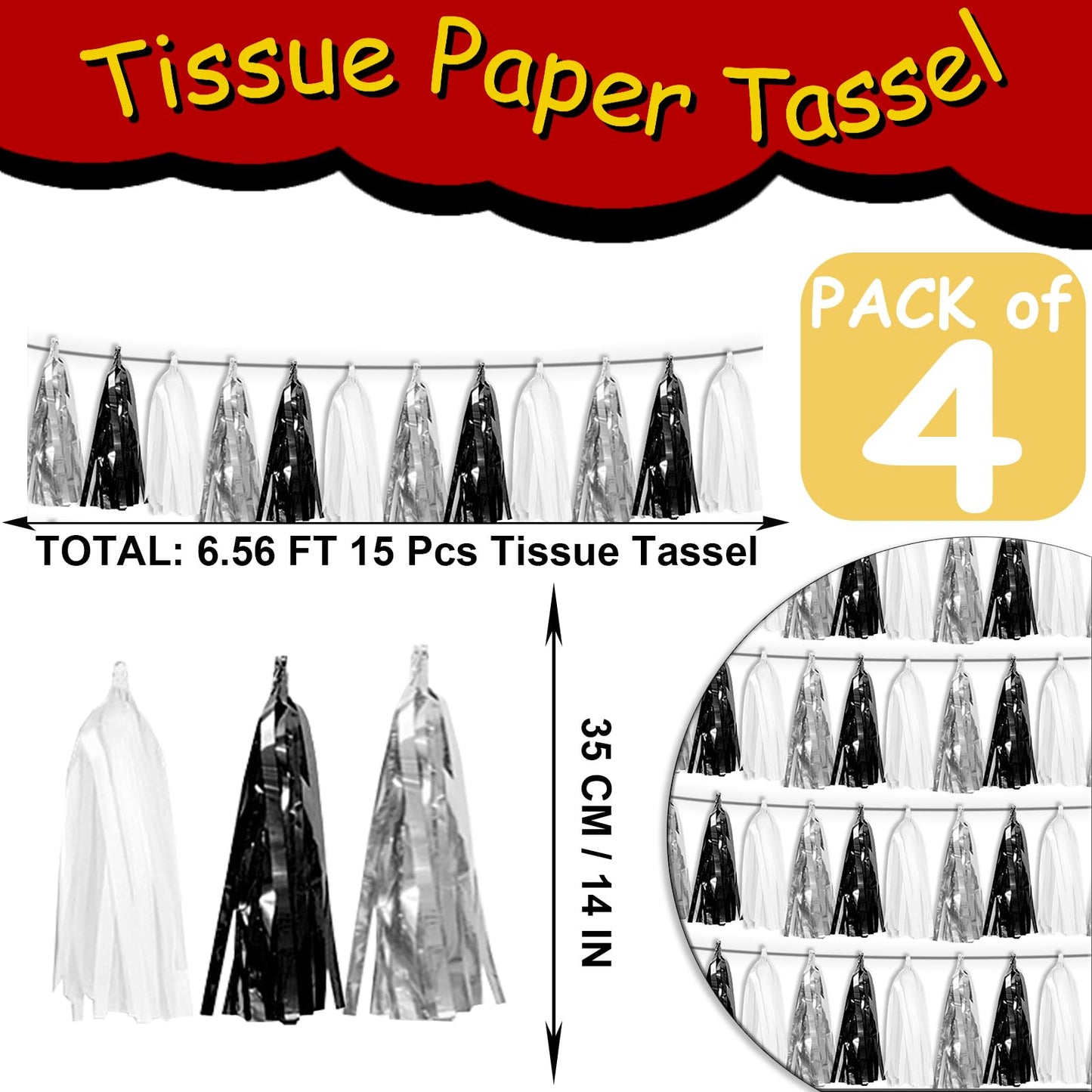 4P Black Silver white Tassel Banner Garland Metallic Foil Fringe Banner Tinsel Tassels Streamer Banner Backdrop for Parade Floats, Graduation Decorations, Halloween, Christmas Decorations