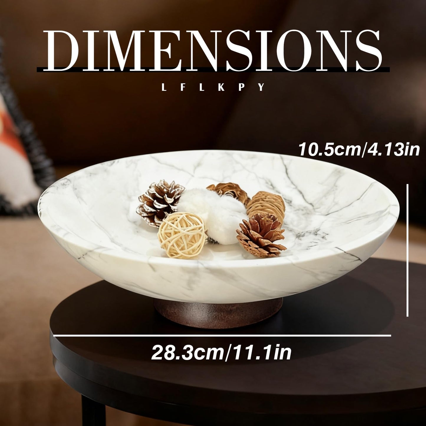 LFLKPY White Marble Texture Decorative Bowl with Acacia Wood Base – 11" Modern Pedestal Fruit Bowl for Table Centerpiece, Entryway or Kitchen Décor