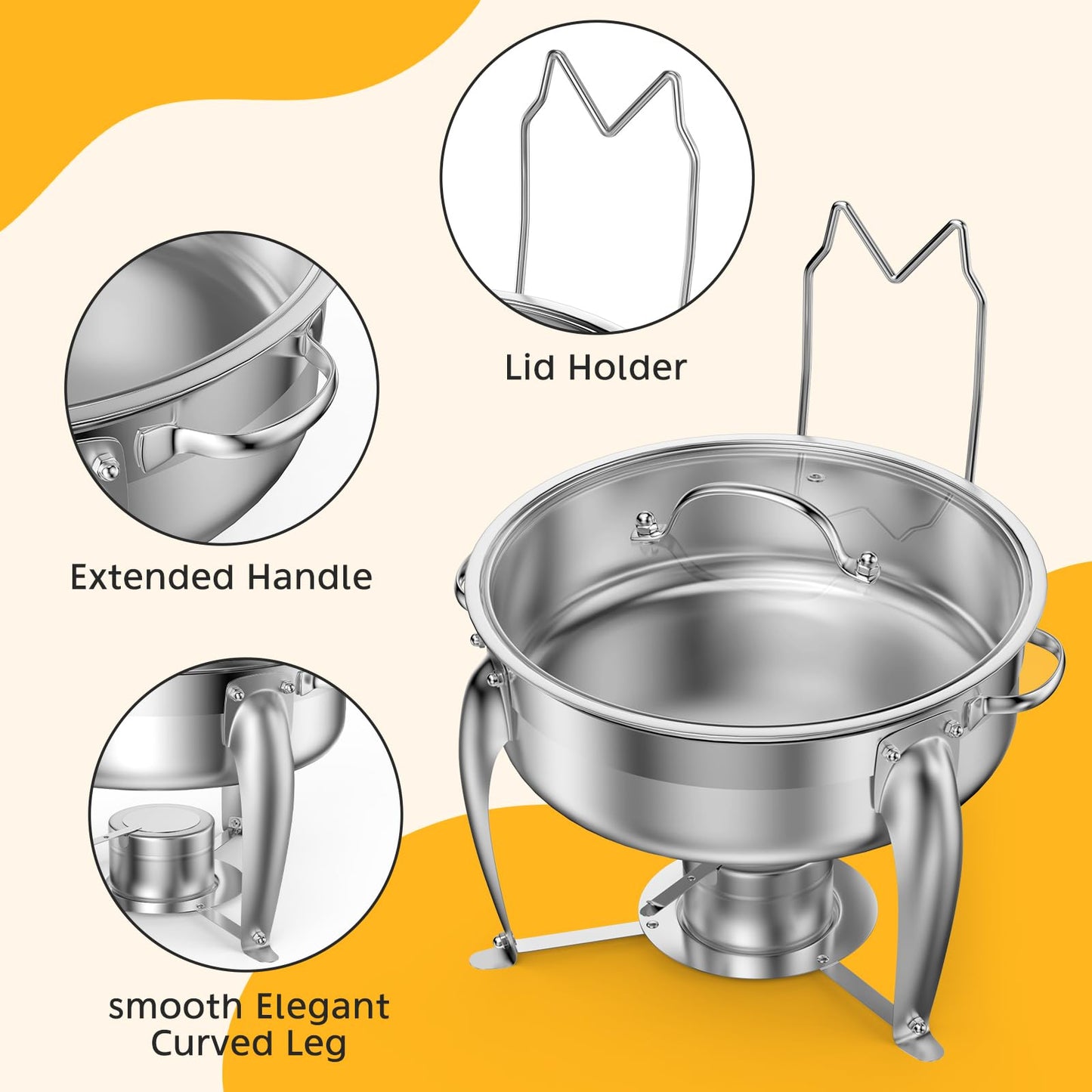 BriSunshine 6 QT Chafing Dish Buffet Set with Serving Spoons, 2 Packs Stainless Steel Round Chafing Dishes with Glass Lid & Lid Holder, Food Warmers for Parties Buffet Weddings Catering Events
