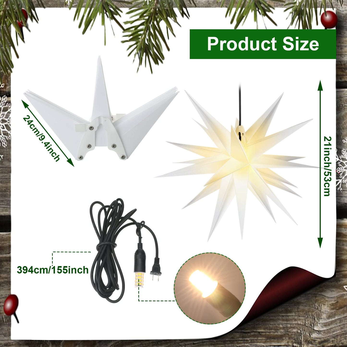 Riakrum Moravian Star Tree Topper Christmas Tree Decor Advent Star Hanging Outdoor Christmas Light Hanging Xmas Treetop for Holiday Decor(White,21 Inch)