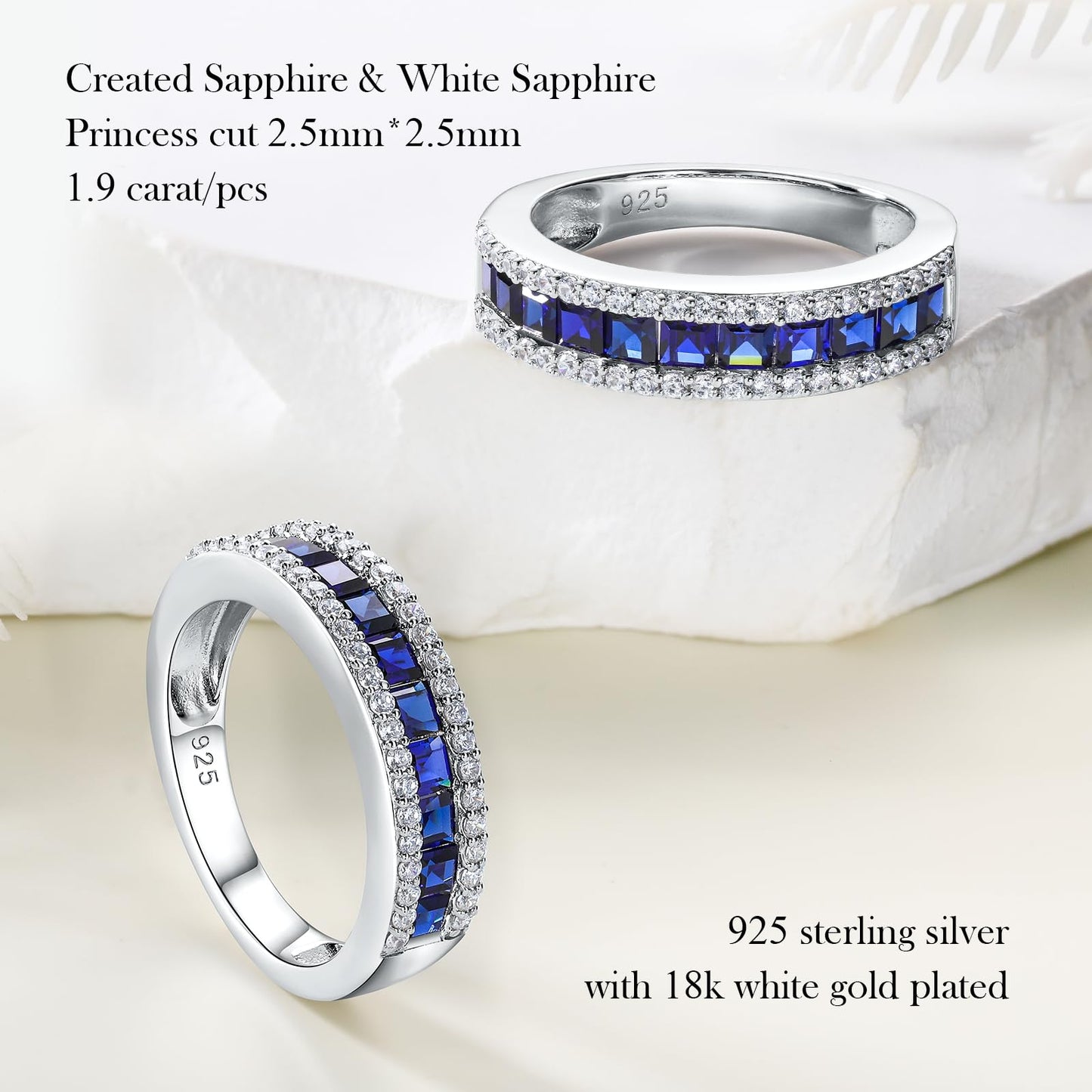 RANDES 925 Sterling Silver Blue Sapphire Eternity Band Rings for Women Channel Set Princess Cut Engagement Wedding Ring Size 10