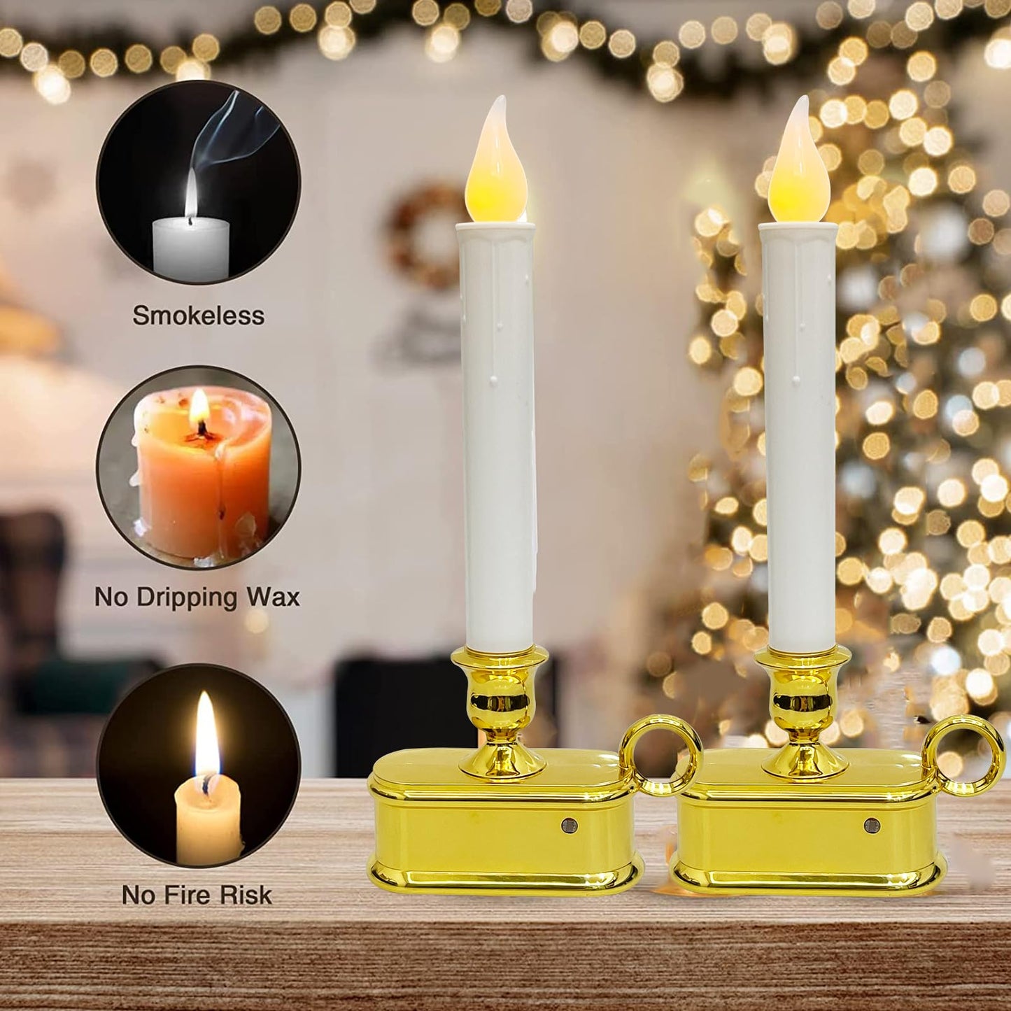 Set of 4 Battery Operated LED Window Candles with Dusk to Dawn Sensor, Flicker Flame Christmas Candles with Gold Base, 10 Inch Flameless Taper Candle Lights for Table Window Bedroom Christmas Decor
