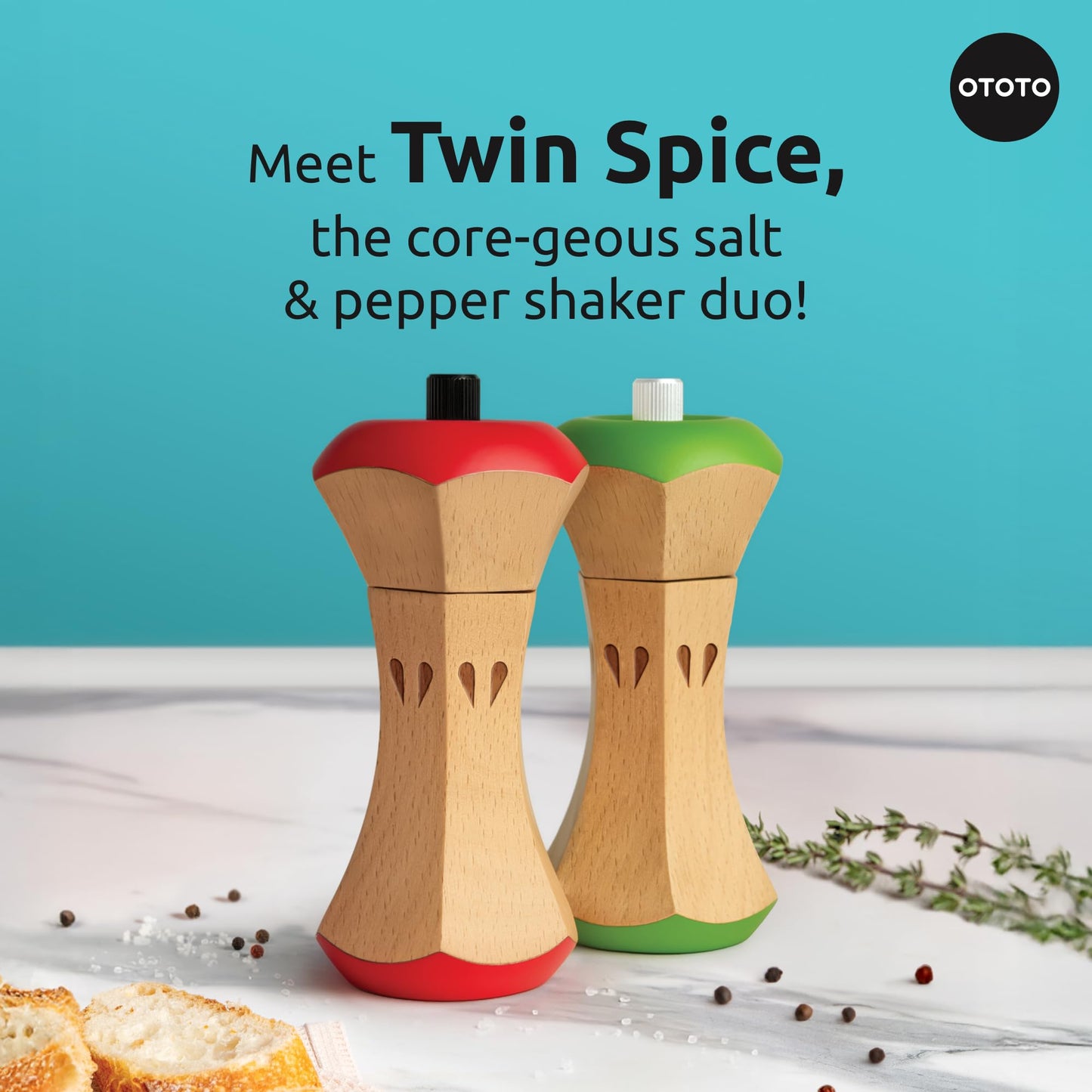 OTOTO Twin Spice Salt and Pepper Grinder Set - Apple-Designed Unique Kitchen Gadgets, Cute Kitchen Accessories, Pepper Spice Grinder, Salt and Pepper Shakers Set, Apple Gift, Kitchen Cooking Gifts