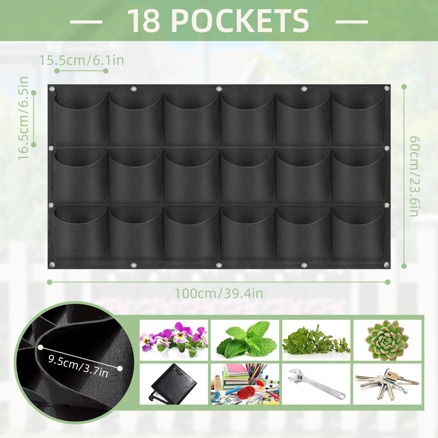 LITLANDSTAR 18 Pockets Hanging Grow Bags, 2 Pack Horizontal Wall Planter Plant Grow Bags Outdoor Indoor Hanging Planter for Balcony/Railing/Fence/Yard/Garden/Home Decoration, Black