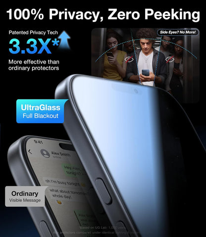 UltraGlass 9H+ Glass for iPhone 15 Pro Max Privacy Screen Protector [Invisible Privacy Armor] Screen Protector 15 Pro Max Tempered [Full Coverage & Longest Durable] 15 ProMax, 2 Pack