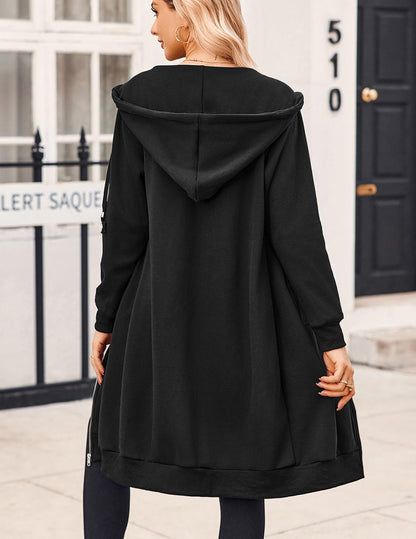 Zeagoo Women Casual Zip up Hoodies Fleece Tunic Sweatshirt Oversized Long Hoodie Jacket with Pocket Black