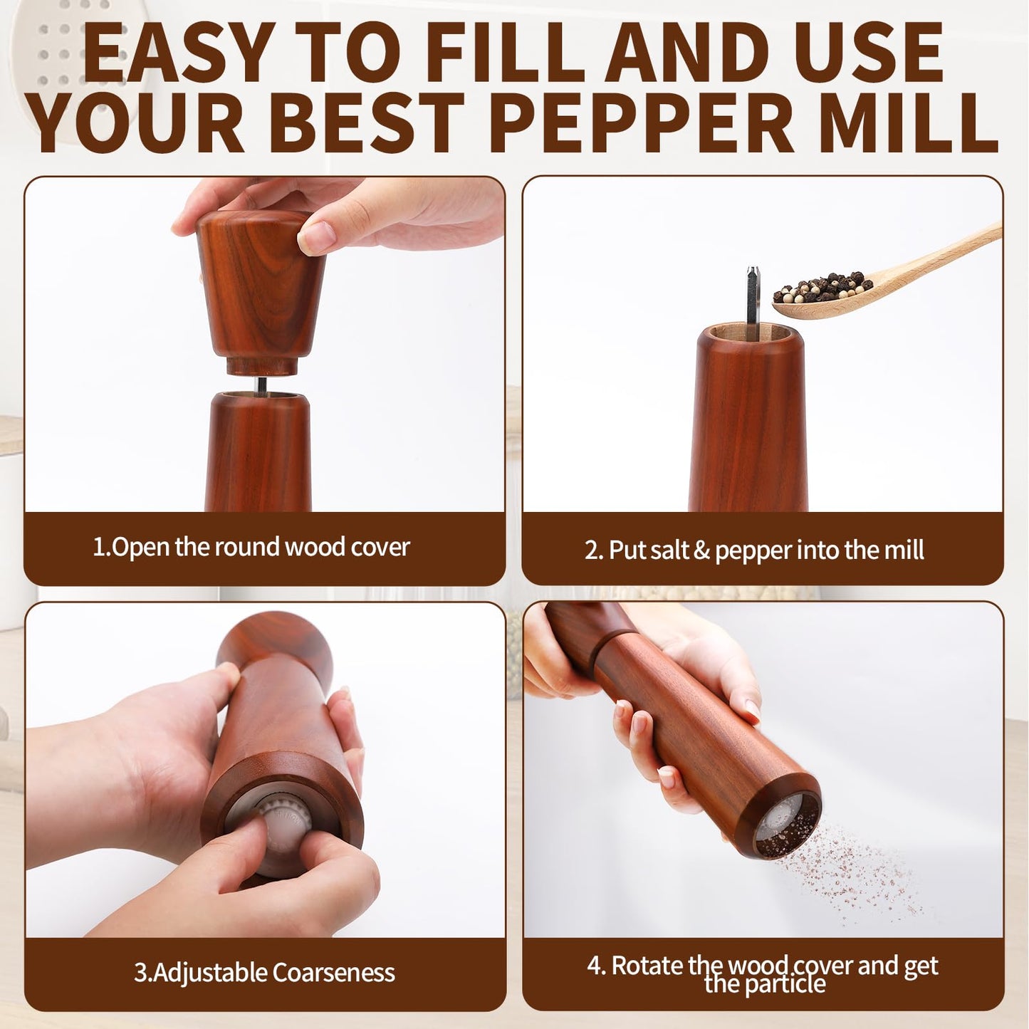 Wooden Salt and Pepper Grinder Set 10In,Salt and Pepper Grinder Refillable with Adjustable Ceramic Rotor, Easy Refill,Acacia Wood Pepper Grinder Manual,Salt and Pepper Shakers set 2-Pack